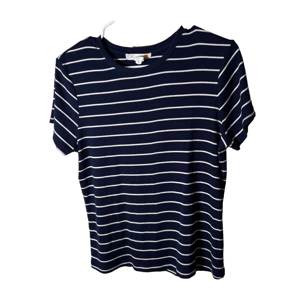 C&C California T-Shirt Women's XL Blue Navy Striped Ribbed Short Sleeve Top